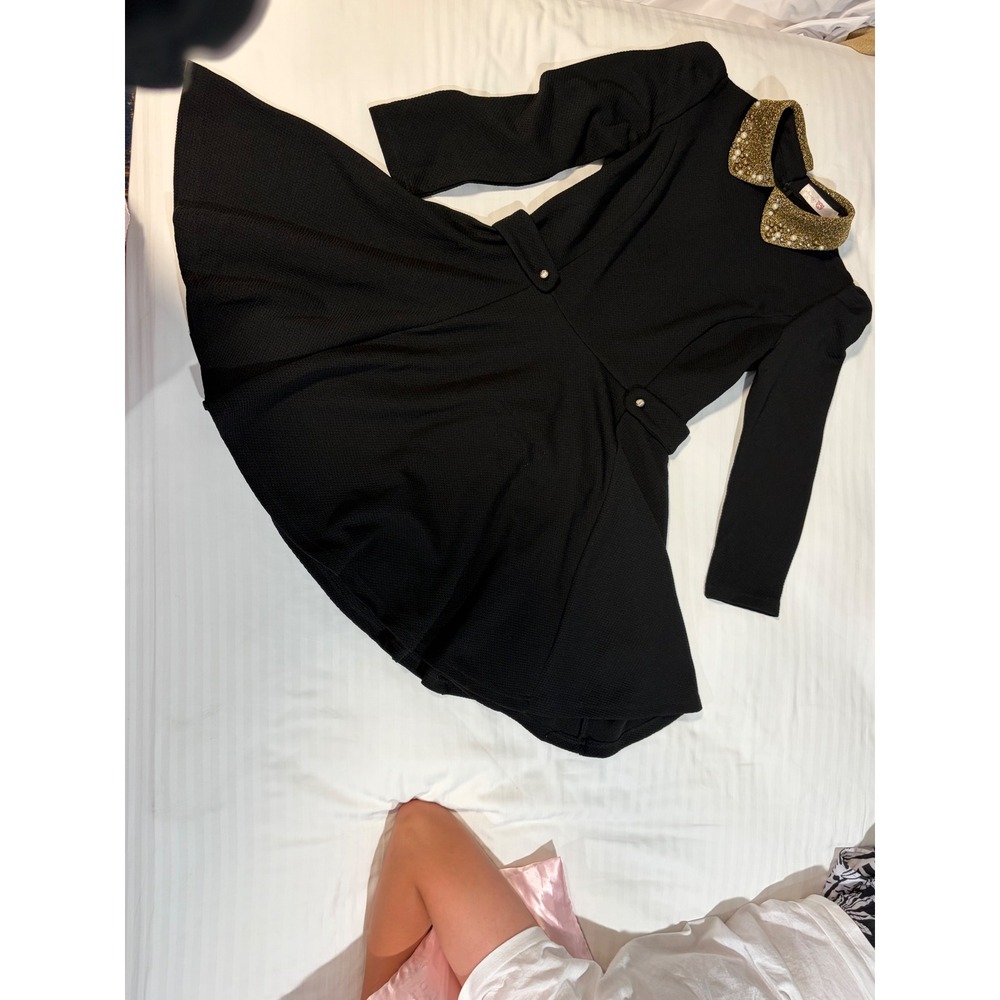 Cherry Style Black Fit and Flare Dress Gold Pearl Beaded Collar Long Sleeve L‎